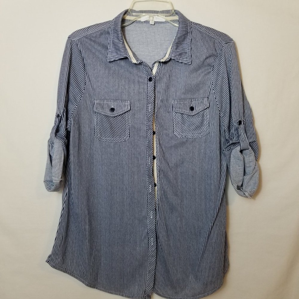 Blue  striped top with roll up sleeve